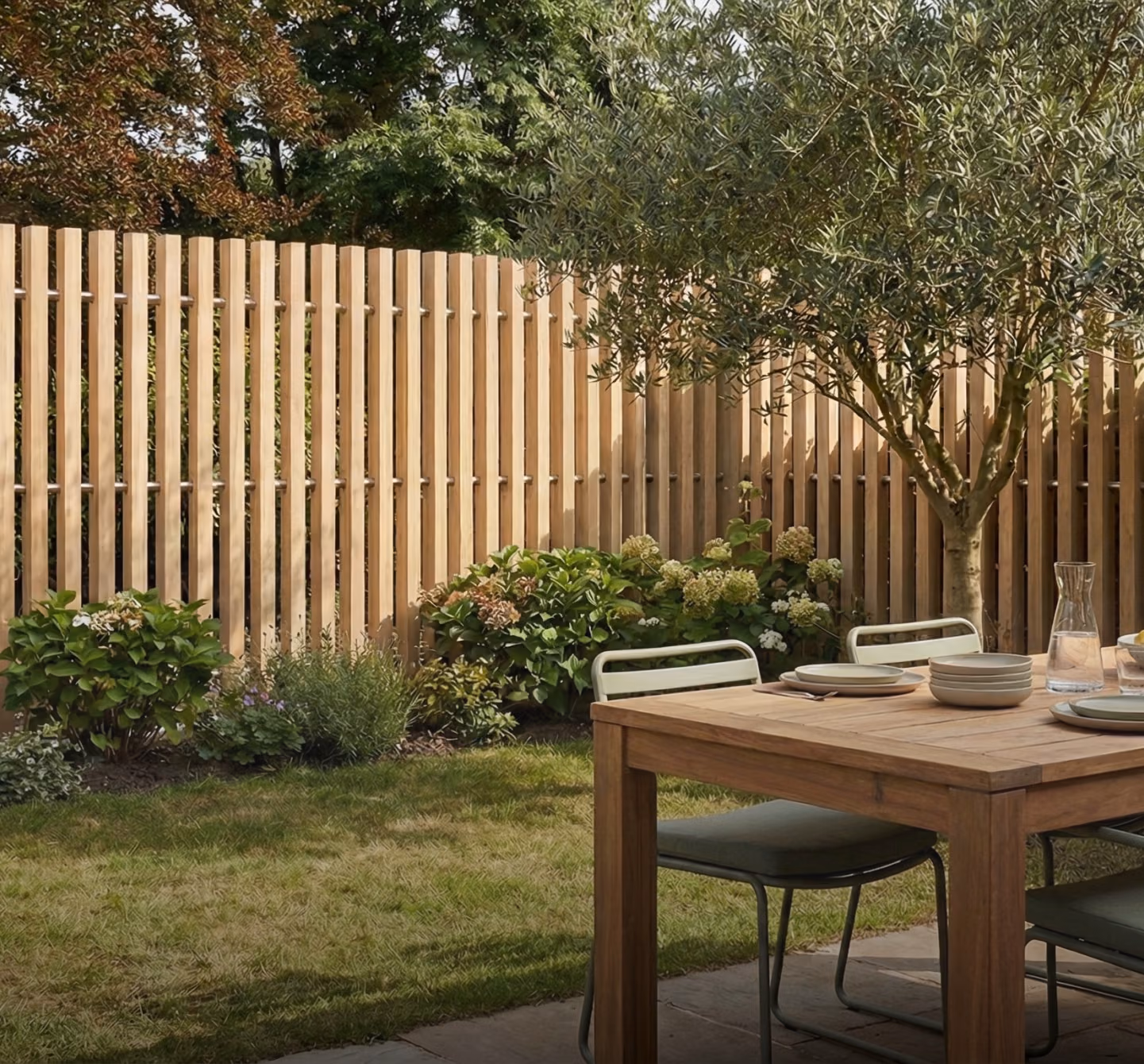 Clôture bois à lames verticales autour d'un jardin avec table de terrasse